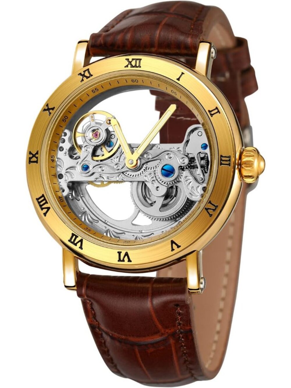 Men's Silver Brown Unique Design Automatic Genuine Leather Strap Skeleton Watch